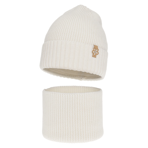 Ensemble d'hiver fille: bonnet et snood, blanc, avec laine mérinos, Nelita