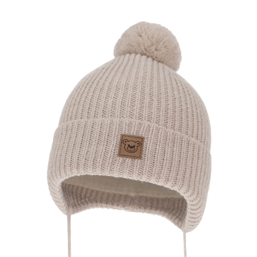 Bonnet d'hiver garçon, beige, avec laine mérinos, doublé de coton, avec liens, Tofik