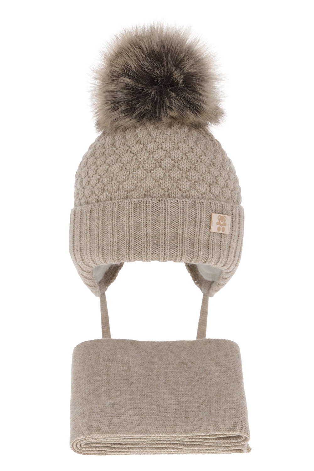Ensemble d'hiver garçon: bonnet et écharpe, beige, avec pompon, avec liens, Norberto