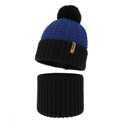 Ensemble d'hiver garçon: bonnet et snood, noir, avec pompon, Leo