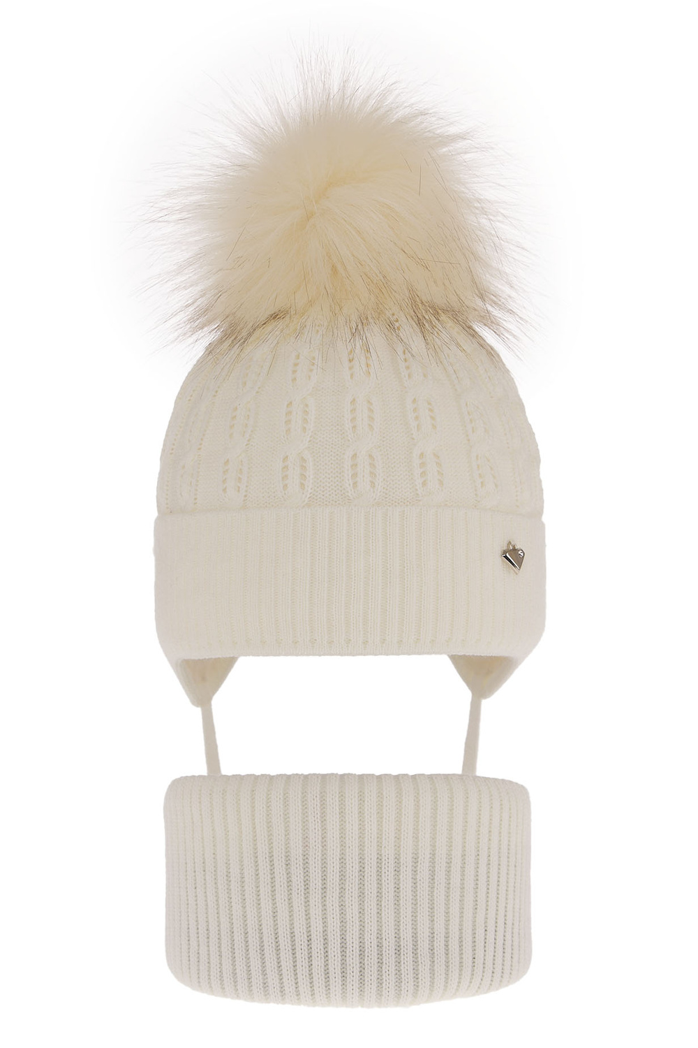 Ensemble d'hiver fille: bonnet et snood, crème, avec pompon, Tukana