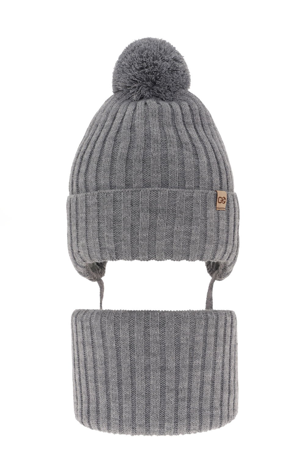 Ensemble d'hiver garçon: bonnet et snood, gris, avec pompon, Carlo