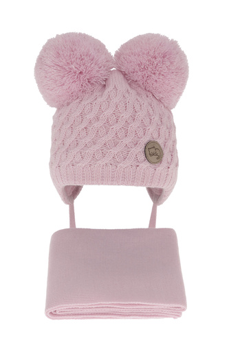 Ensemble d'hiver fille: bonnet et écharpe, gris, avec deux pompons, avec liens, Anava