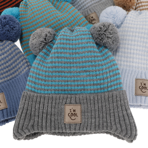 Bonnet automne/printemps garçon, bleu, avec deux pompons, Laurent