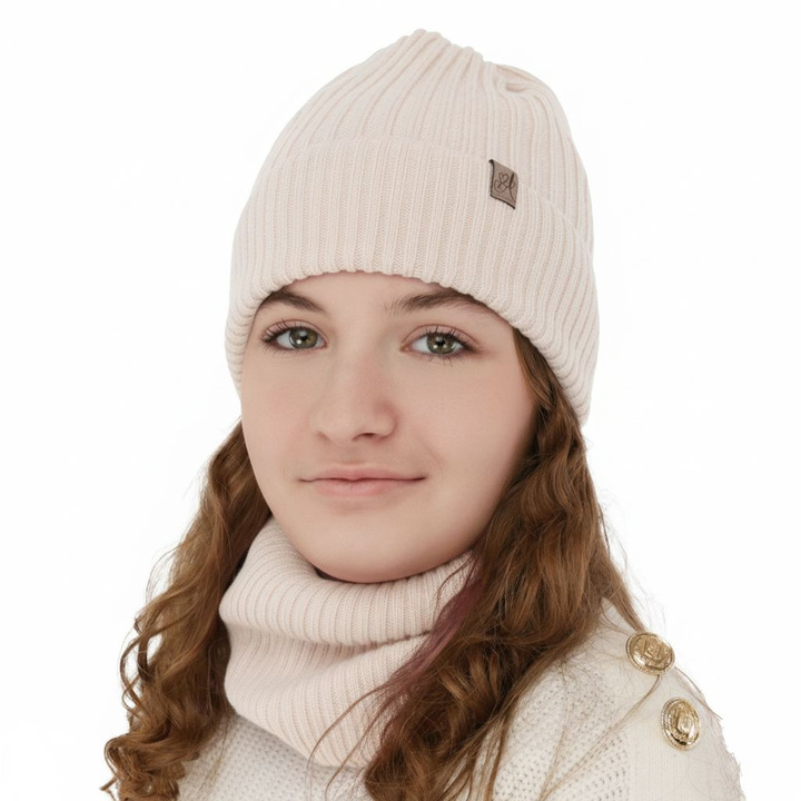 Ensemble d'hiver fille: bonnet et snood, rose clair, avec laine mérinos, Patricia