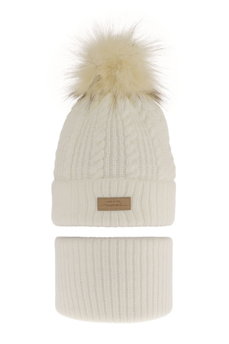 Ensemble d'hiver fille: bonnet et snood, crème, avec pompon, Alika
