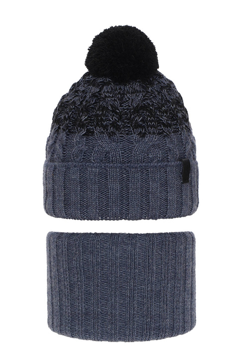 Jongens winter set muts en buissjaal, blauw, met garen pompon, Travis
