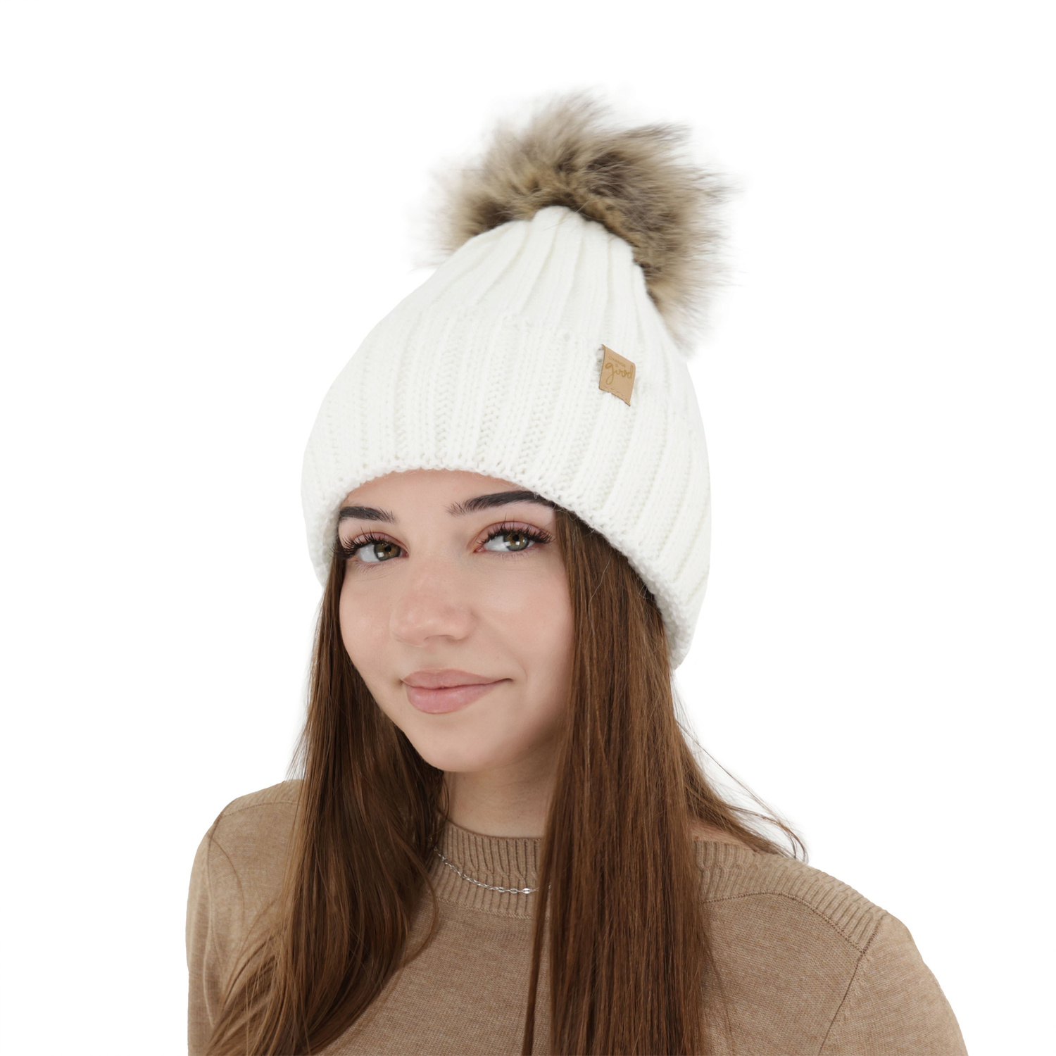 Bonnet d'hiver femme, blanc, avec pompon, Europa