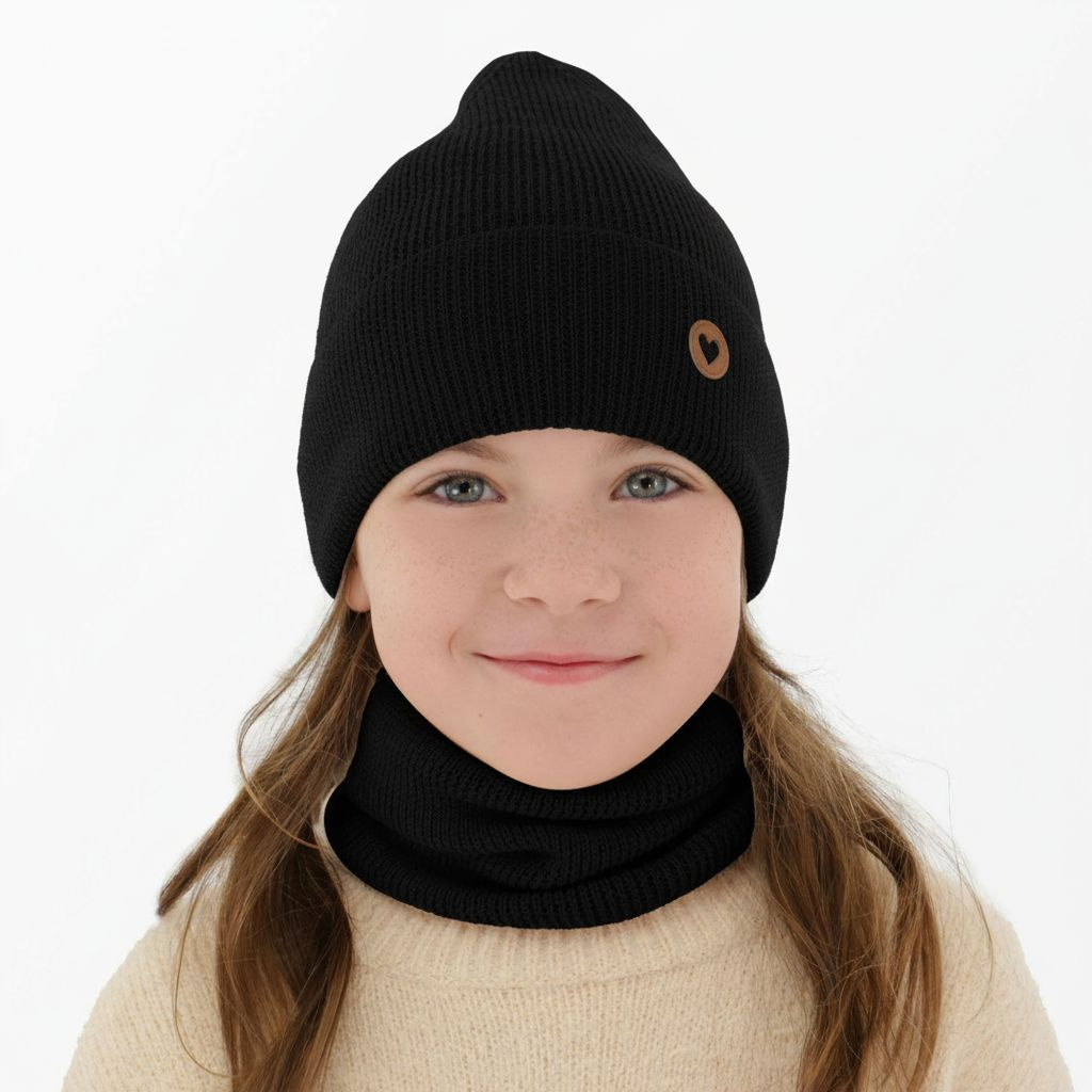 Ensemble automne/printemps fille: bonnet et snood, noir, avec laine mérinos, Brook