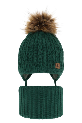Ensemble d'hiver garçon: bonnet et snood, vert, avec pompon, Pago