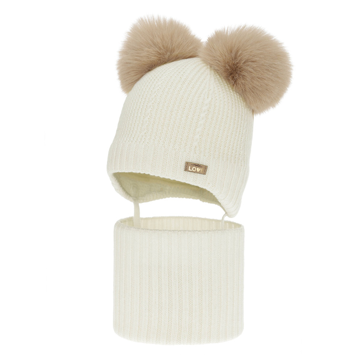 Meisjes muts en col, winter set, crème, 100% merinowol, gevoerd met wollen fleece, Lumia