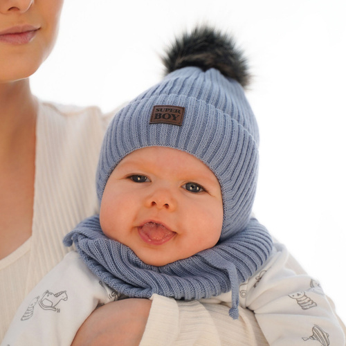 Jongens winter set muts en buissjaal, camel, met bindkoorden, Denzel