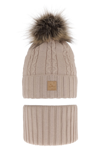 Ensemble d'hiver fille: bonnet et snood, beige, avec pompon, Alexia