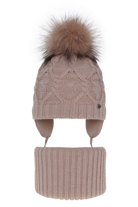 Meisjes winter set muts en buissjaal, roze, met garen pompon, Elena