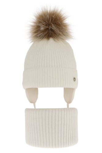 Ensemble d'hiver fille: bonnet et snood, crème, avec pompon, Debra