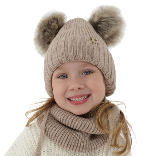 Ensemble d'hiver fille: bonnet et snood, beige, avec laine mérinos, avec liens, avec deux pompons, Silvia