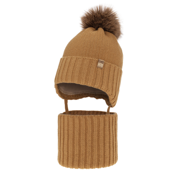 Ensemble d'hiver garçon: bonnet et snood, camel, avec pompon, Kayen