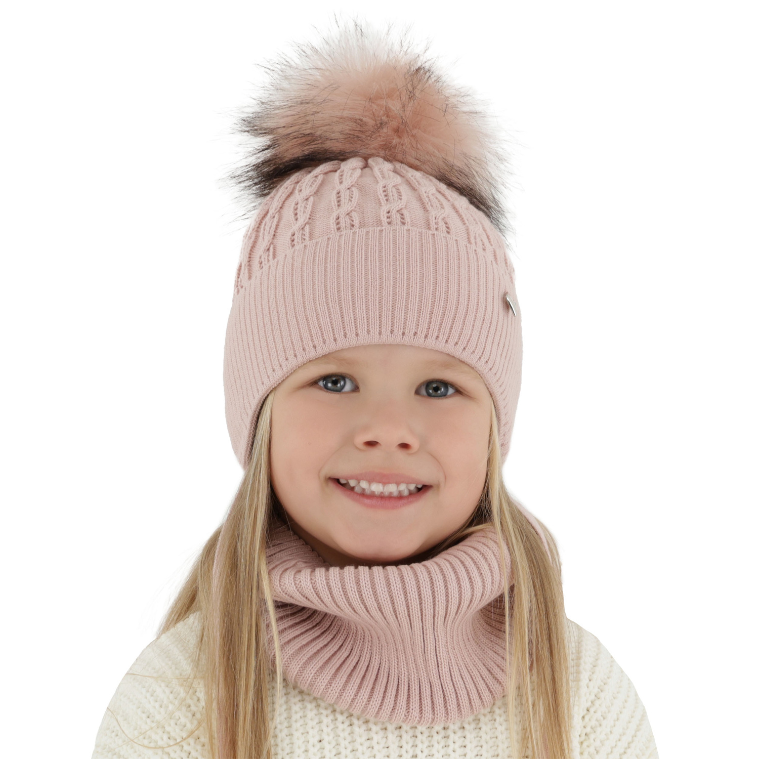 Ensemble d'hiver fille: bonnet et snood, lila, avec pompon, avec liens, Tukana