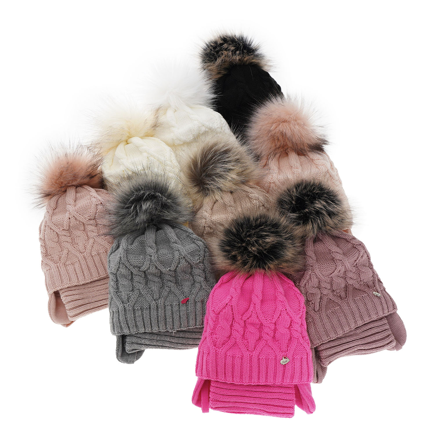 Meisjes winter set muts en buissjaal, kremowy, met garen pompon, Elena