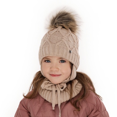 Meisjes winter set muts en buissjaal, kremowy, met garen pompon, Elena