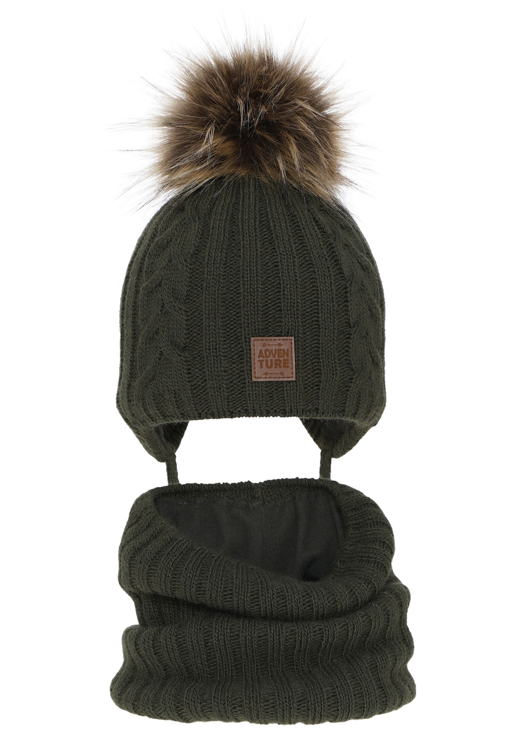 Jongens winter set muts en buissjaal, khaki, met garen pompon, Casper