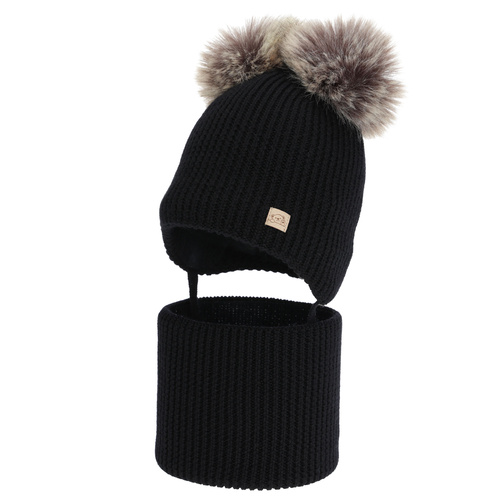 Jongens winter set (muts en buissjaal), zwart, 100% merinowol, gevoerd met wollen fleece, Riks