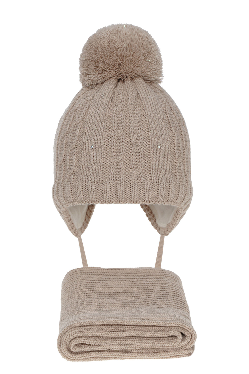 Meisjes winter set muts en sjaal, beige, met garen pompon, Candy