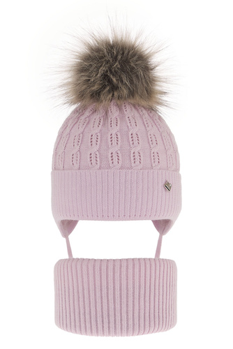 Ensemble d'hiver fille: bonnet et snood, lila, avec pompon, avec liens, Tukana