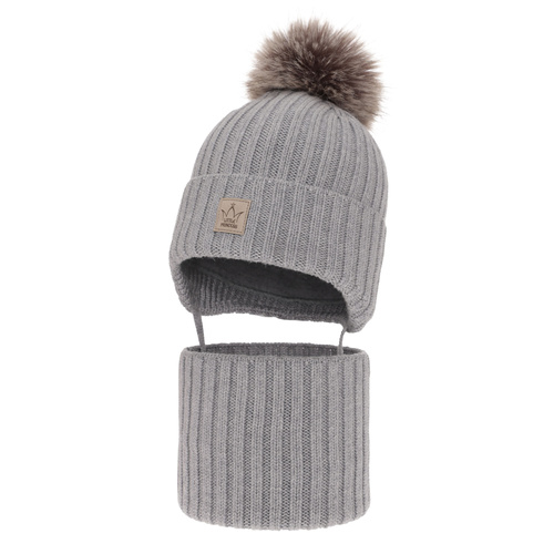 Ensemble d'hiver fille: bonnet et snood, gris, avec liens, 100% laine mérinos, doublé de polaire, Martina