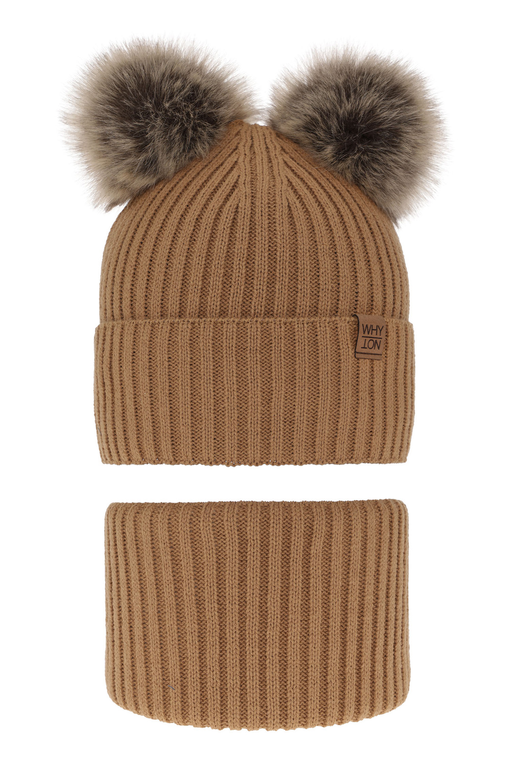 Ensemble d'hiver garçon: bonnet et snood, camel, avec deux pompons, Oxford