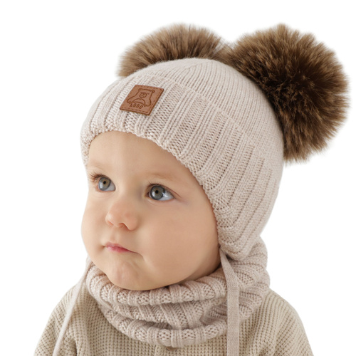 Jongens muts en col, winter set, beige, 100% merinowol, gevoerd met wollen fleece, Ronik