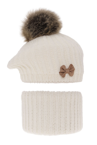 Ensemble d'hiver fille: béret et snood, crème, avec pompon, Polinezja