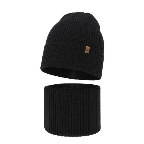 Ensemble automne/printemps garçon: bonnet et snood, 100% laine mérinos, noir, Lemas