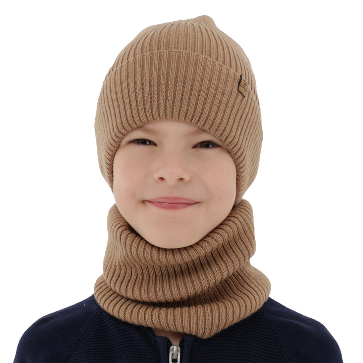 Ensemble automne/printemps garçon: bonnet et snood, camel, avec laine mérinos, Lemas