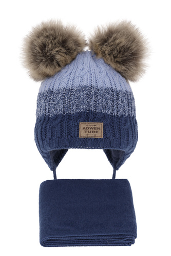 Ensemble d'hiver garçon: bonnet et écharpe, bleu, avec deux pompons, Platon