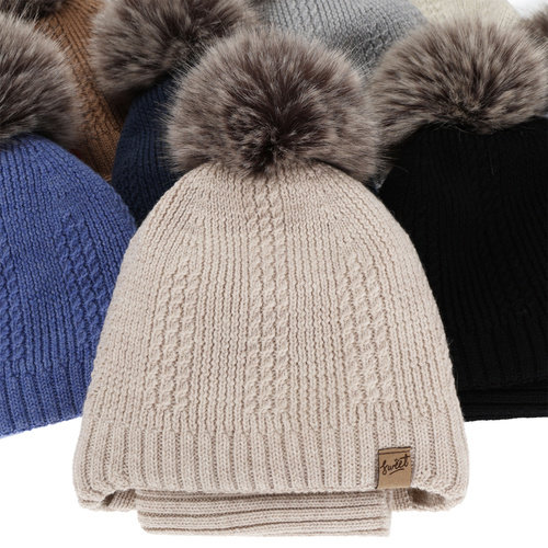 Jongens muts en col, winter set, beige, 100% merinowol, gevoerd met wollen fleece, met strikbanden Danny