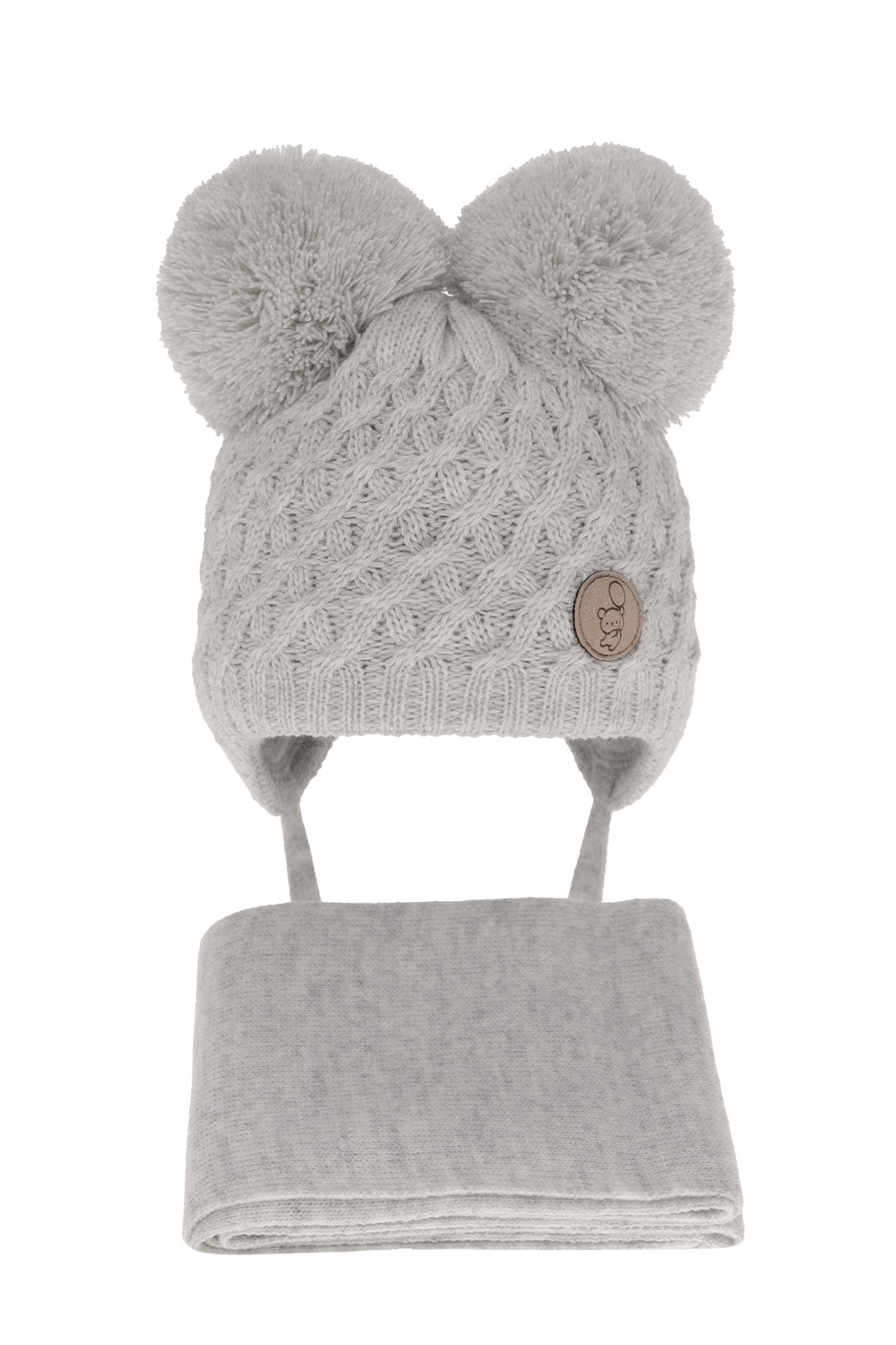Ensemble d'hiver garçon: bonnet et écharpe, gris clair, avec liens, avec deux pompons, Alonso