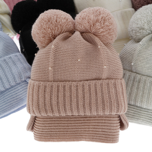 Ensemble d'hiver fille: bonnet et écharpe, rose, avec deux pompons, Fibien