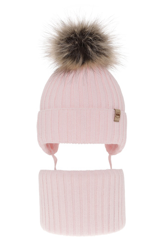 Ensemble d'hiver fille: bonnet et snood, rose clair, avec pompon, avec liens, Louisa
