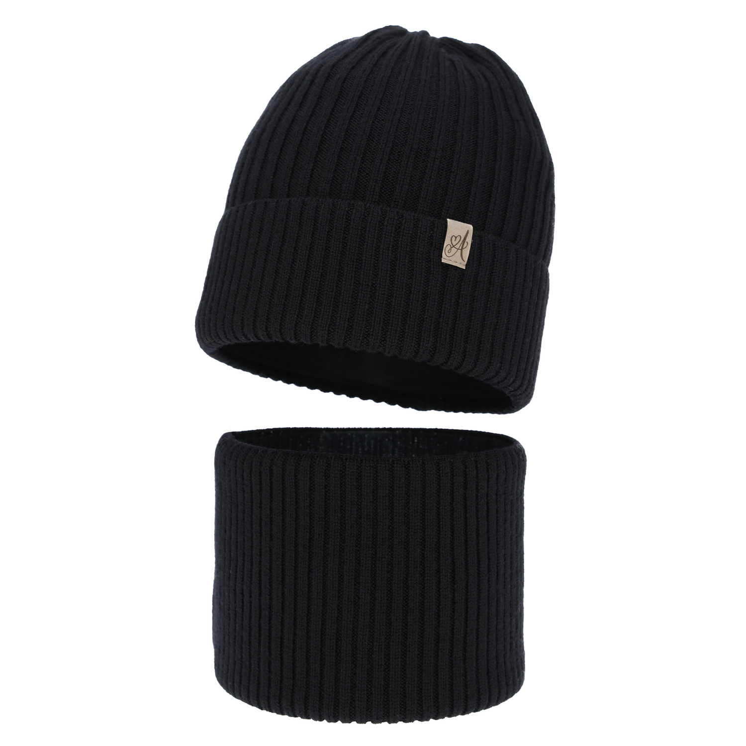 Ensemble d'hiver fille: bonnet et snood, noir, avec laine mérinos, Patricia