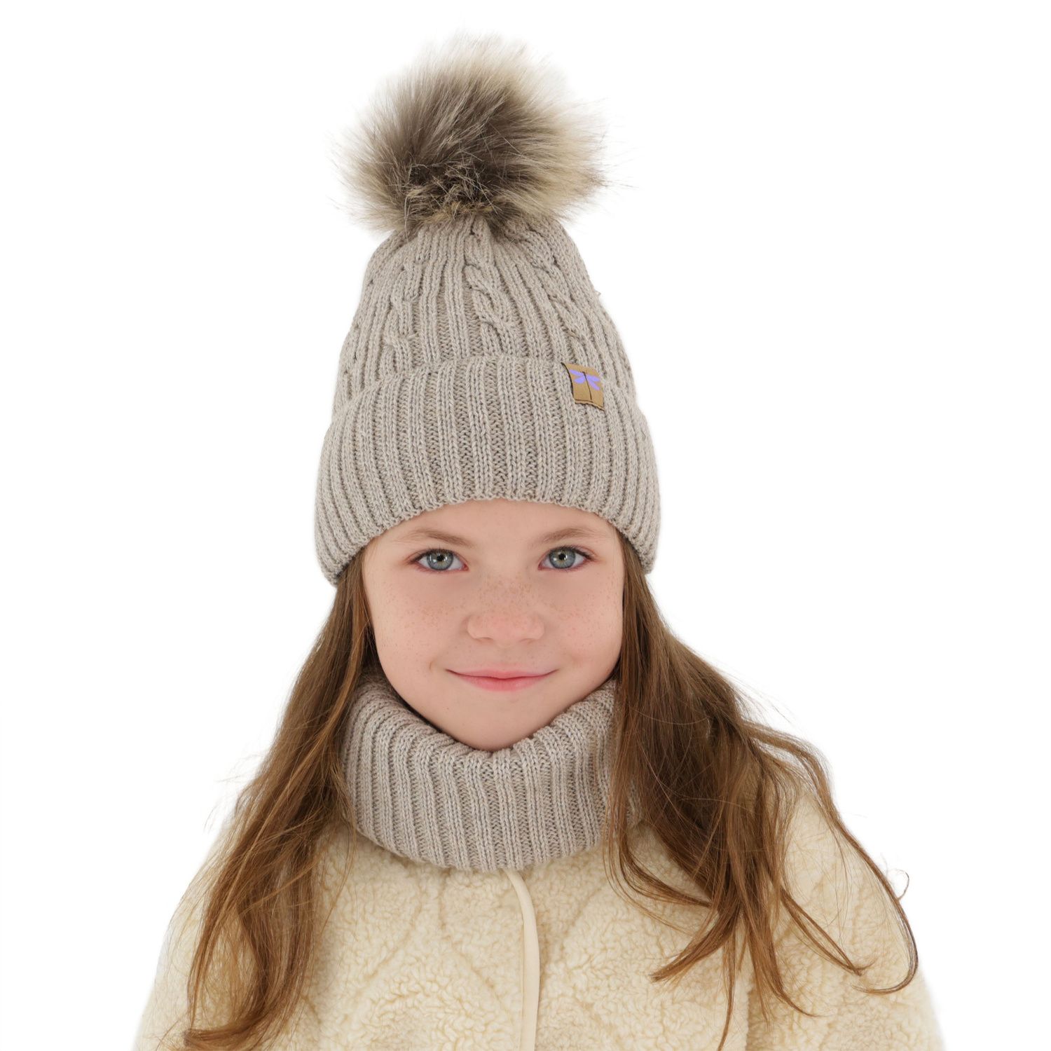 Ensemble d'hiver fille: bonnet et snood, gris clair, avec pompon, avec laine mérinos, Aprilia