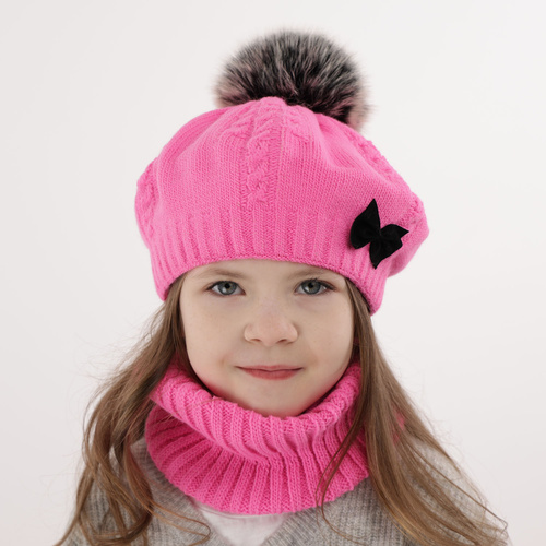 Meisjes winter set muts en buissjaal, lichtgrijs, met garen pompon, Amora