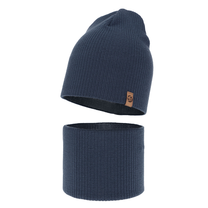 Ensemble automne/printemps garçon: bonnet et snood, bleu, avec laine mérinos, Richi