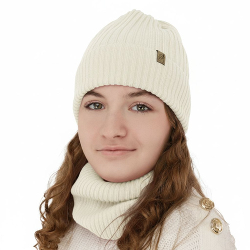 Ensemble d'hiver fille: bonnet et snood, blanc, avec laine mérinos, Patricia