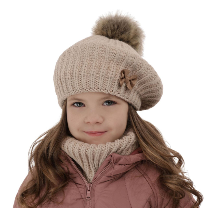 Ensemble d'hiver fille: beret et snood, beige, avec pompon, Polinezja