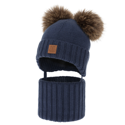 Jongens muts en col, winter set, donkerblauw, 100% merinowol, gevoerd met wollen fleece, Ronik