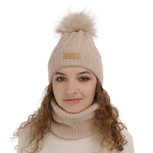 Ensemble d'hiver fille: bonnet et snood, beige, avec pompon, Alika