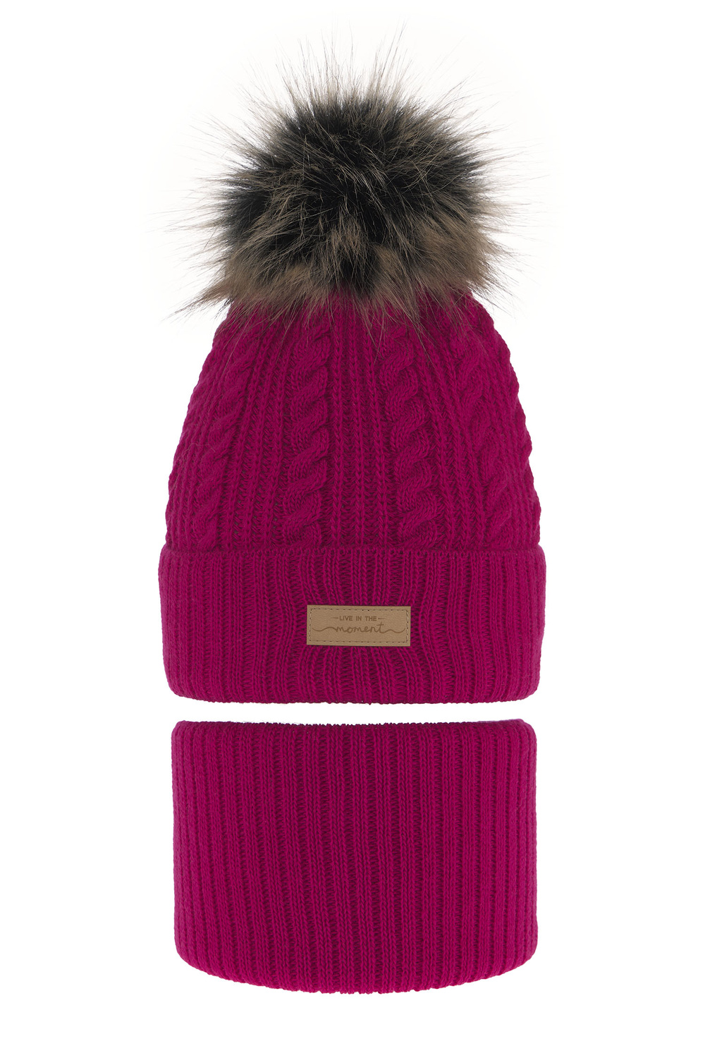 Ensemble d'hiver fille: bonnet et snood, rose, avec pompon, Alika