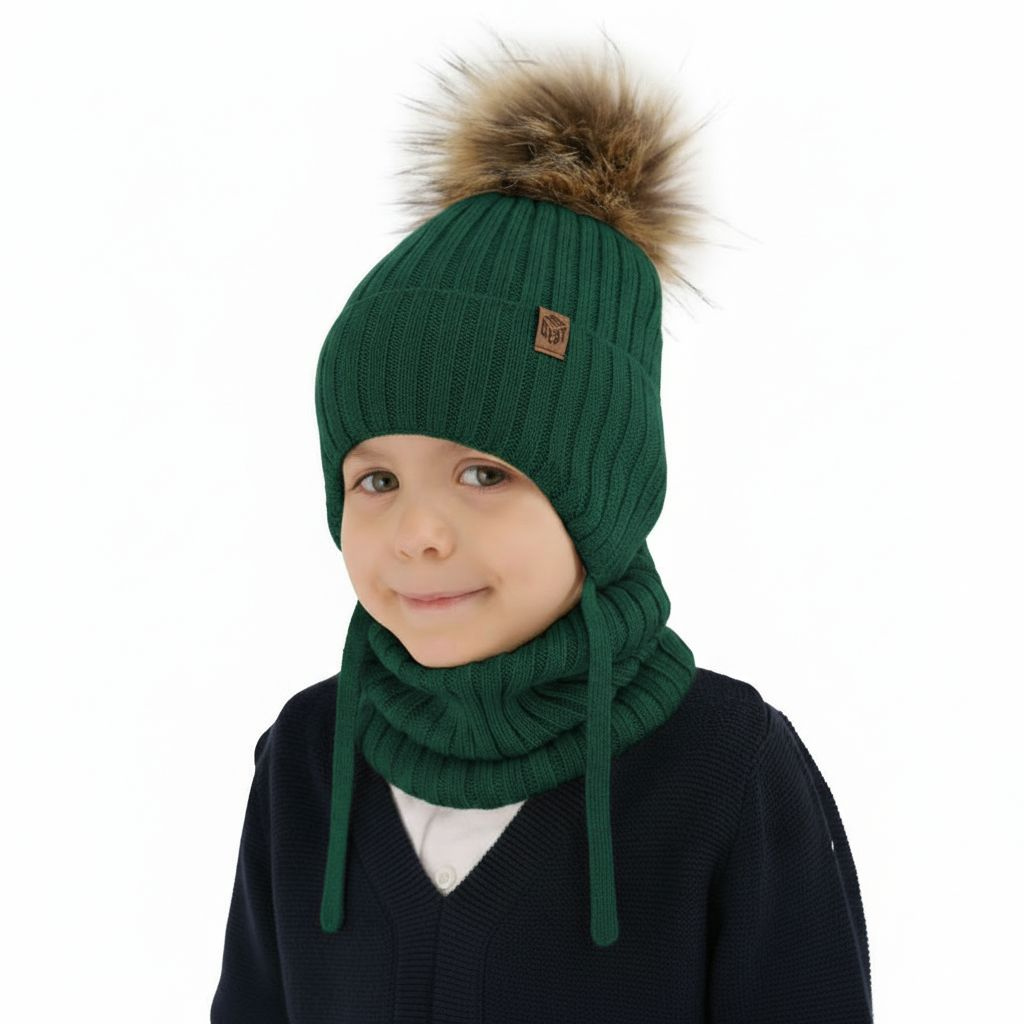 Ensemble d'hiver garçon: bonnet et snood, vert, avec laine mérinos, avec liens, Juno