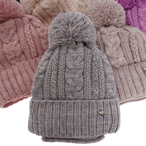 Meisjes winter set muts en sjaal, bruin, met garen pompon, Maroko